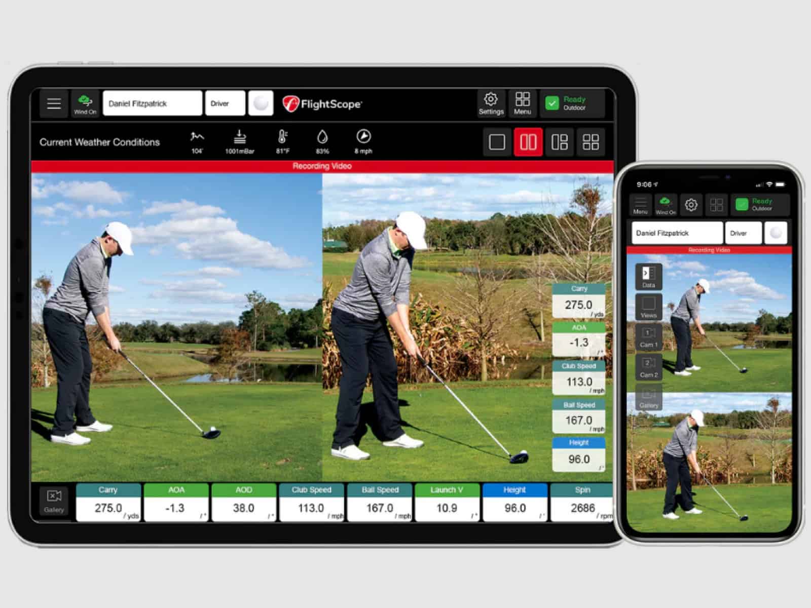 High-tech golf simulator setup with shot analysis on tablet and smartphone screens for indoor golf training and swing improvement.