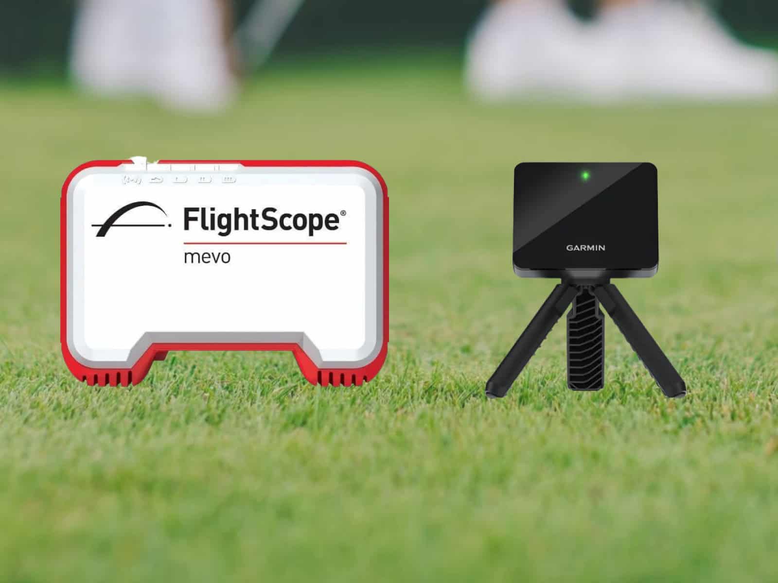 FlightScope Mevo golf launch monitor and Garmin GPS device on a golf course, highlighting essential golf simulator equipment for accurate swing analysis and course navigation.