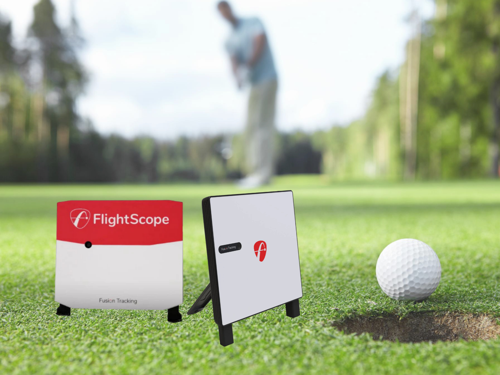 FlightScope golf launch monitor with golf simulator setup on the practice range, tracking golf swing data with a golf ball on the course, perfect for golf practice and improving swing performance.