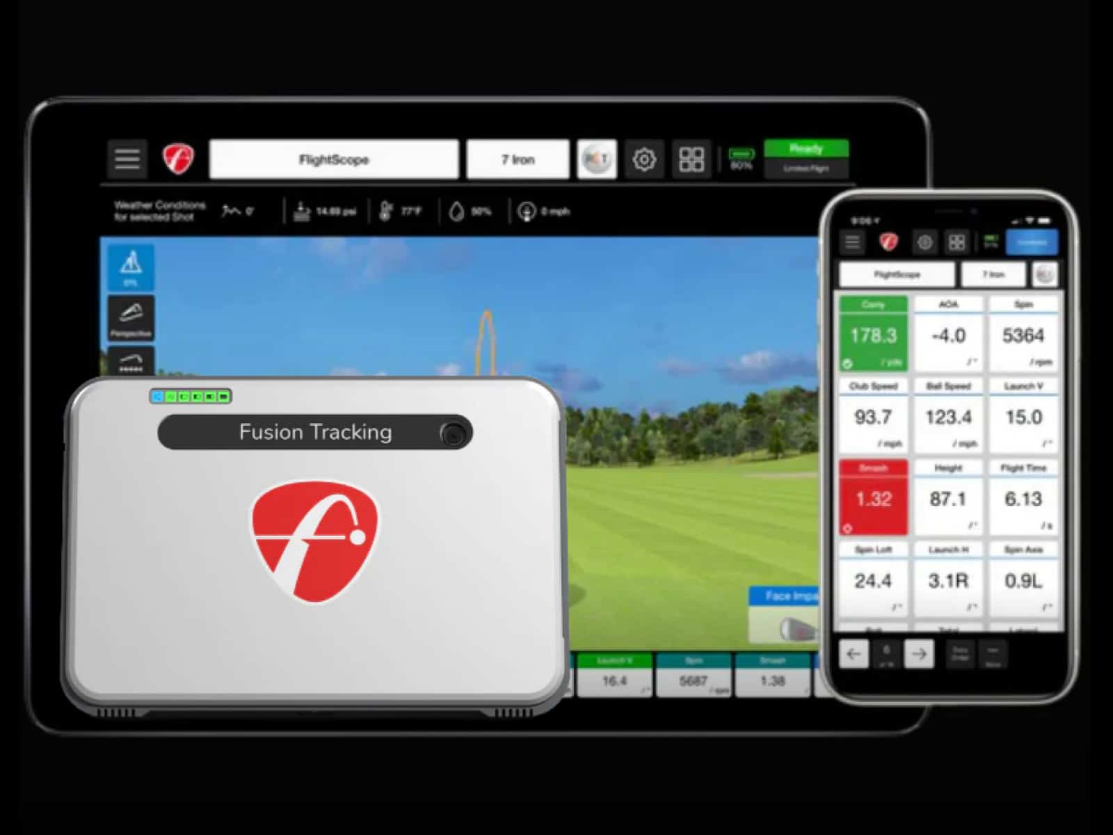 Accurate golf simulator with Fusion Tracking technology on tablet and smartphone for realistic golf practice, swing analysis, and course simulation at home or indoors.